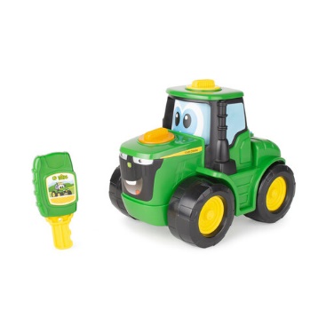 A green toy tractor with yellow wheels
Description automatically generated