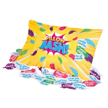 A yellow pillow with colorful text on it

Description automatically generated