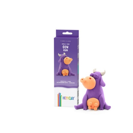 A purple cow toy with a box
Description automatically generated